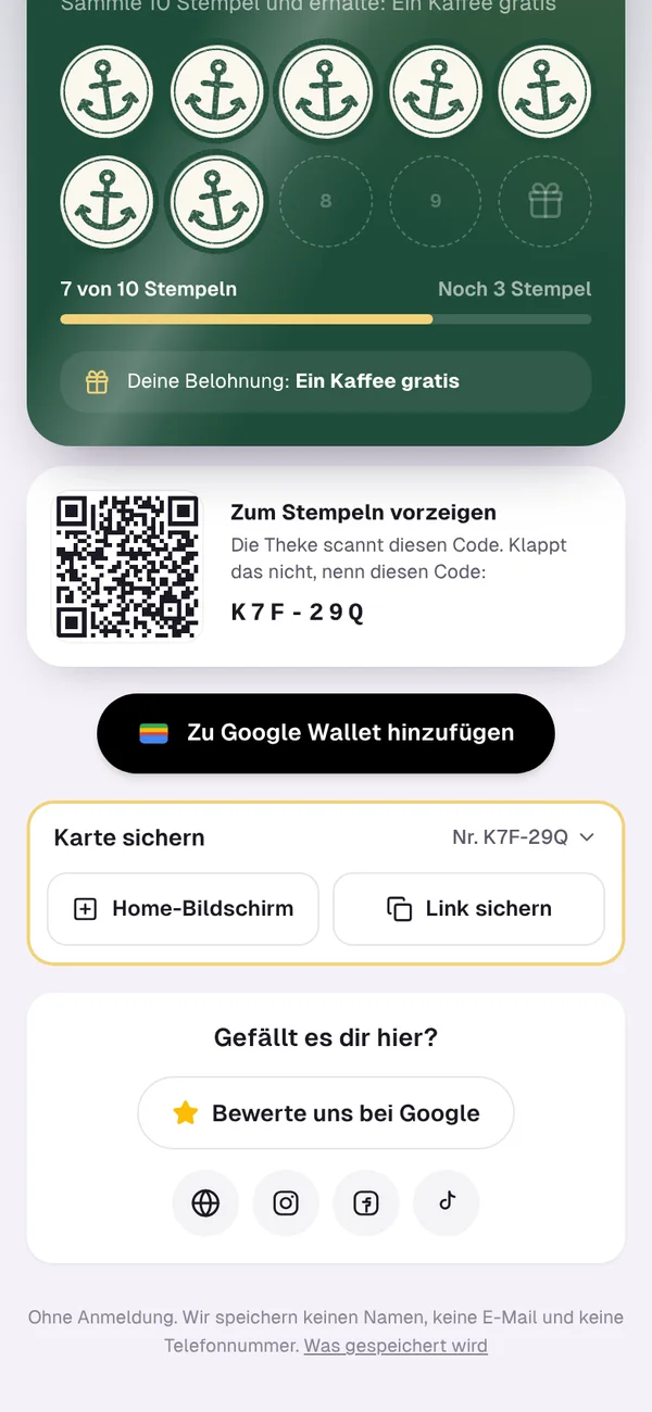 Unter der Karte: Knopf zu Google Wallet, Bewertung bei Google und Links zu Webseite, Instagram, Facebook und TikTok.