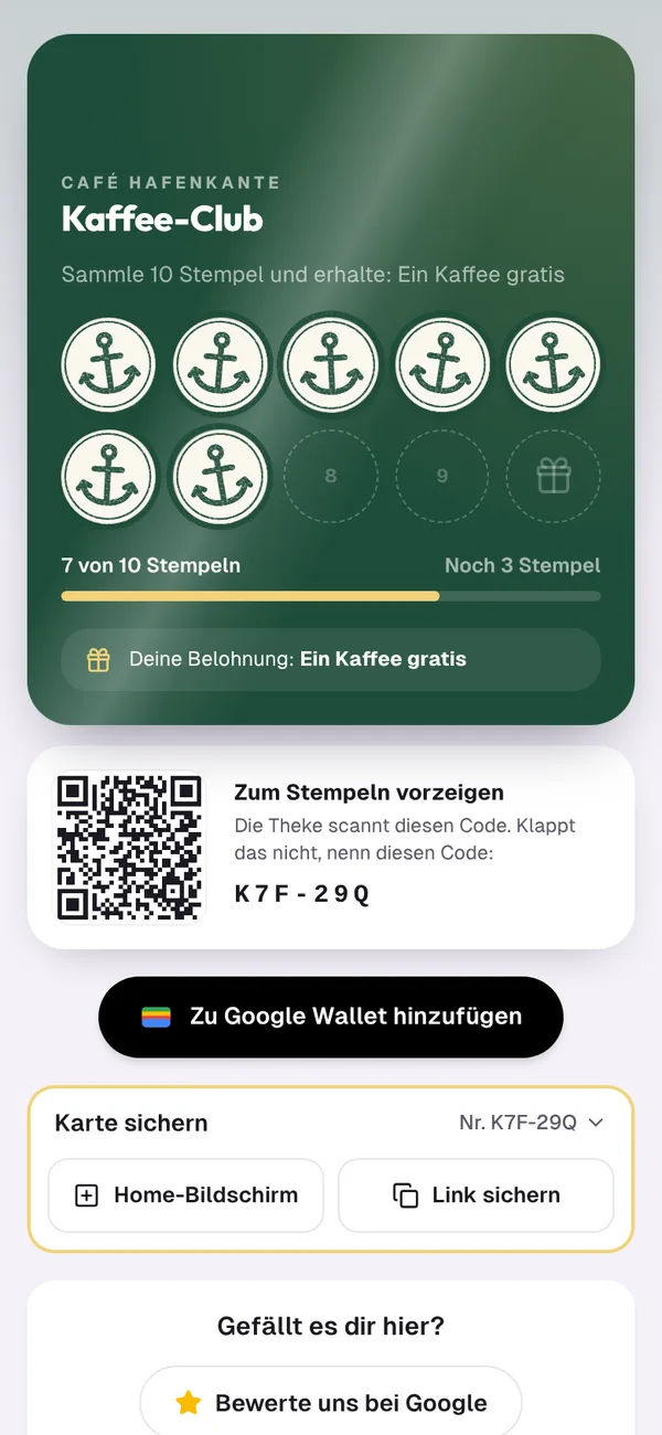 Die Stempelkarte des Café Hafenkante auf dem Handy: sieben von zehn Stempeln, jeder Stempel ist das Logo des Cafés.